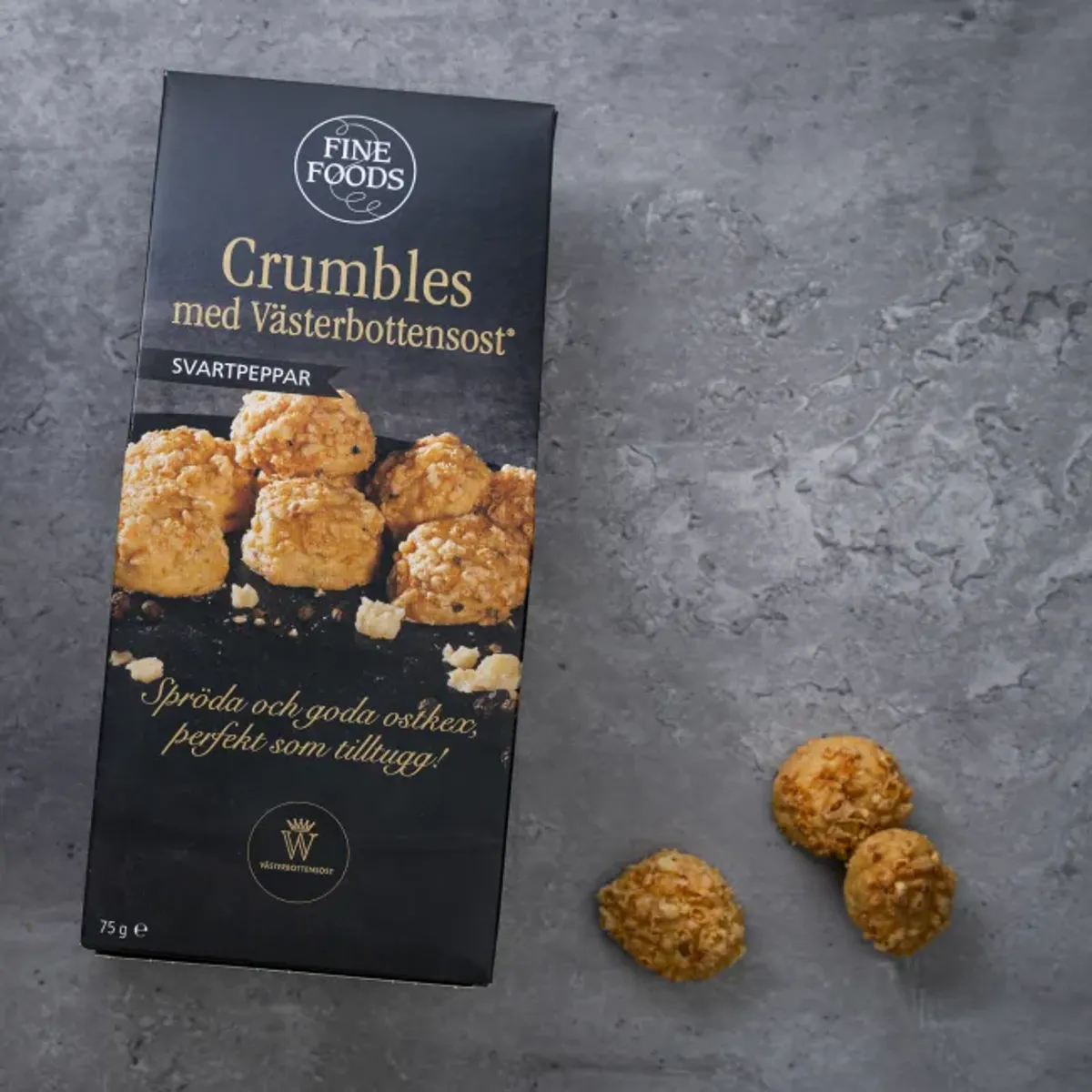 Crumbles med Västerbottensost og Sort Pepper